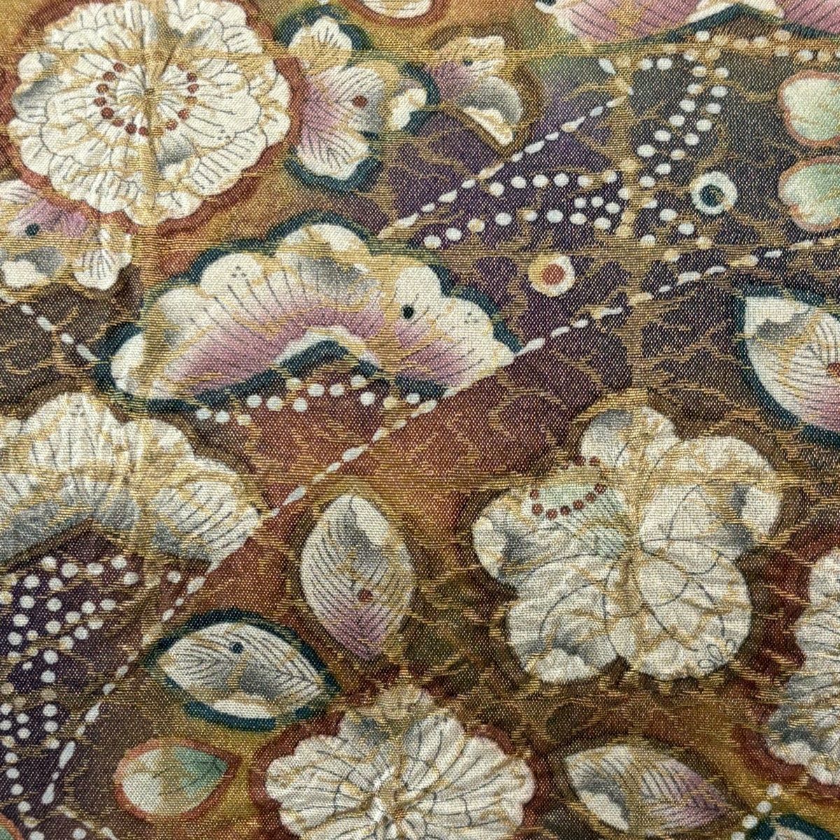 袋帯 落款 辻が花 箔 金糸 緑 お太鼓柄 正絹