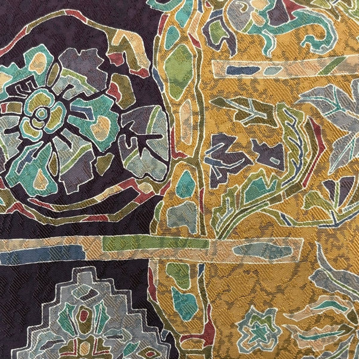 袋帯 草花 幾何学 山吹茶色 全通 正絹