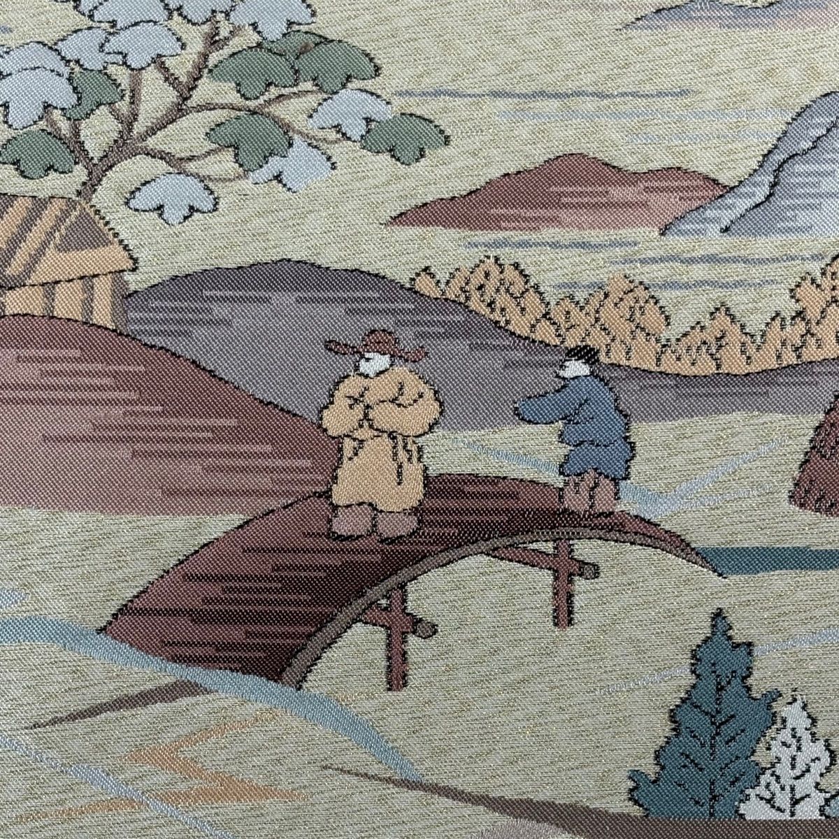 名古屋帯 人物 山並み 金通し ベージュ 正絹