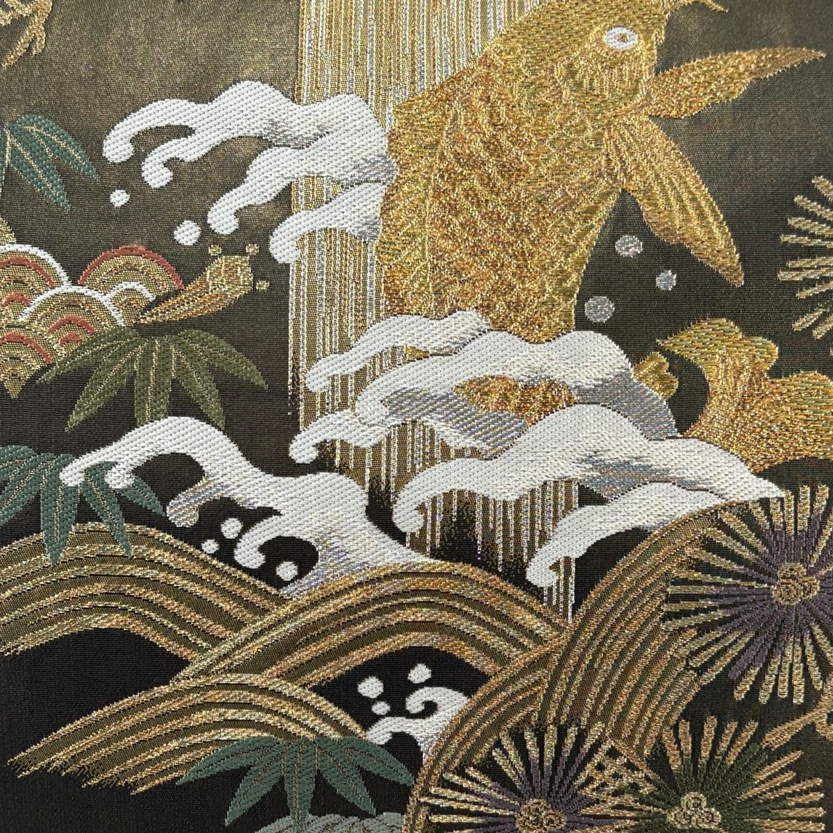 袋帯 鯉の滝登り 宝尽くし 金銀糸 箔 金茶 お太鼓柄 正絹