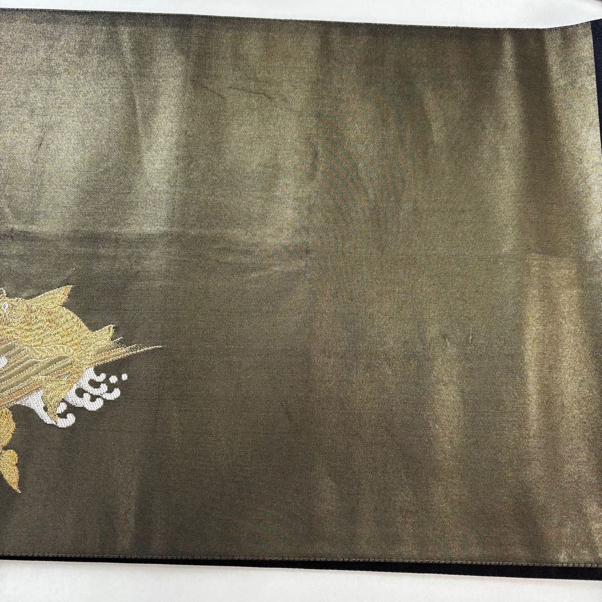  袋帯 鯉の滝登り 宝尽くし 金銀糸 箔 金茶 お太鼓柄 正絹 袋帯 帯