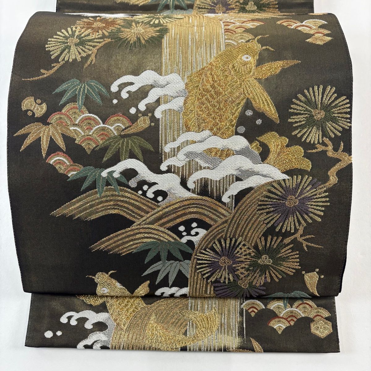袋帯 鯉の滝登り 宝尽くし 金銀糸 箔 金茶 お太鼓柄 正絹