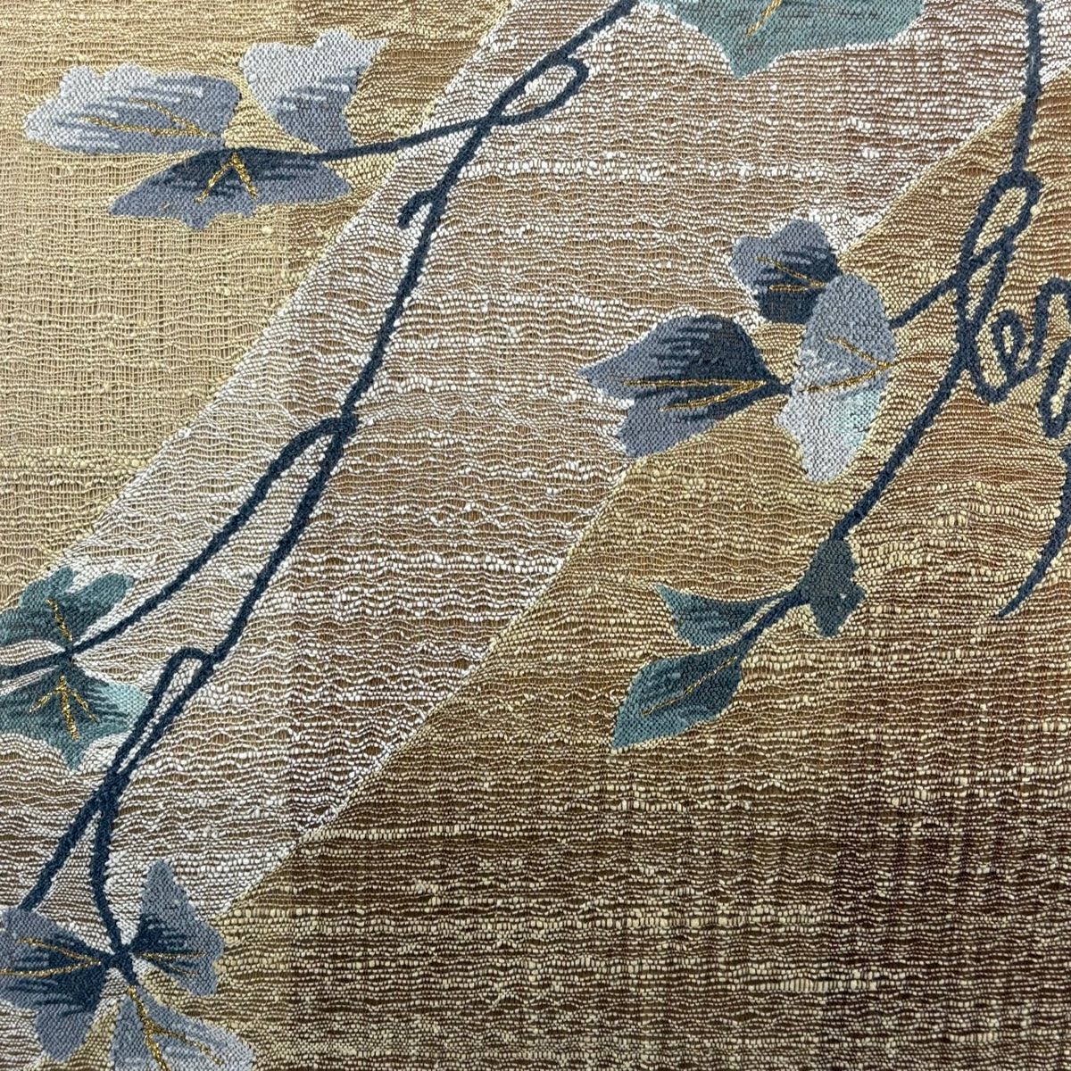 袋帯 夏帯 リバーシブル 葉柄 金糸 黄土色 お太鼓柄 正絹