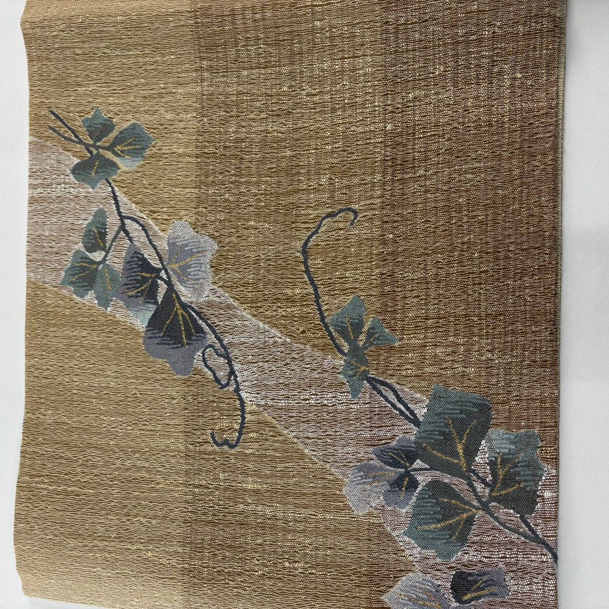  袋帯 夏帯 リバーシブル 葉柄 金糸 黄土色 お太鼓柄 正絹 袋帯 帯