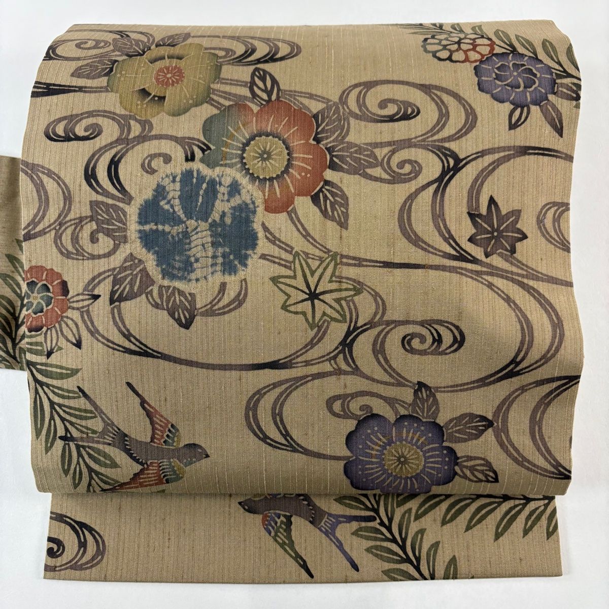 名古屋帯 紬地 やまと 草花 燕 絞り 茶色 正絹