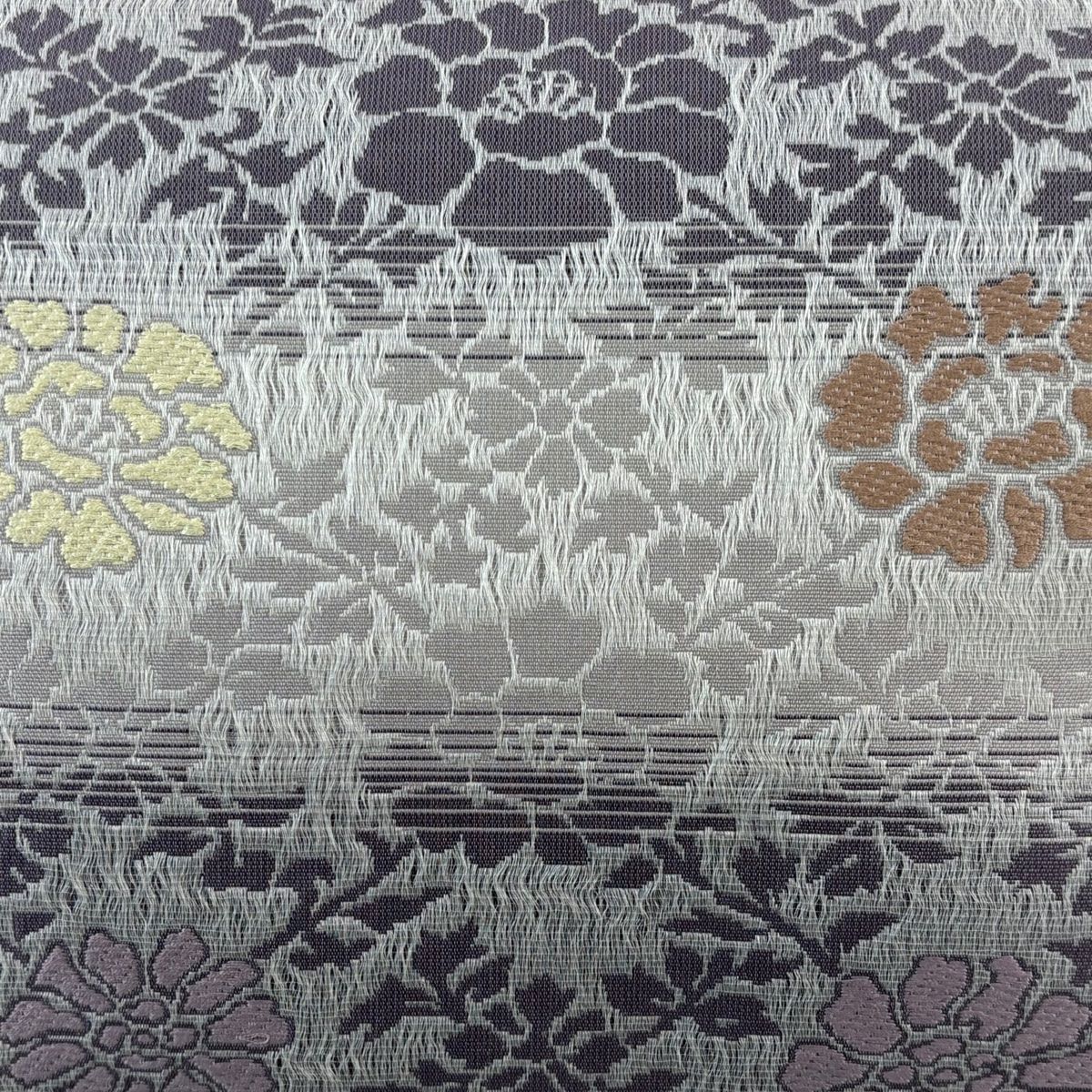 袋帯 草花 段縞模様 刺繍 灰紫 全通 正絹