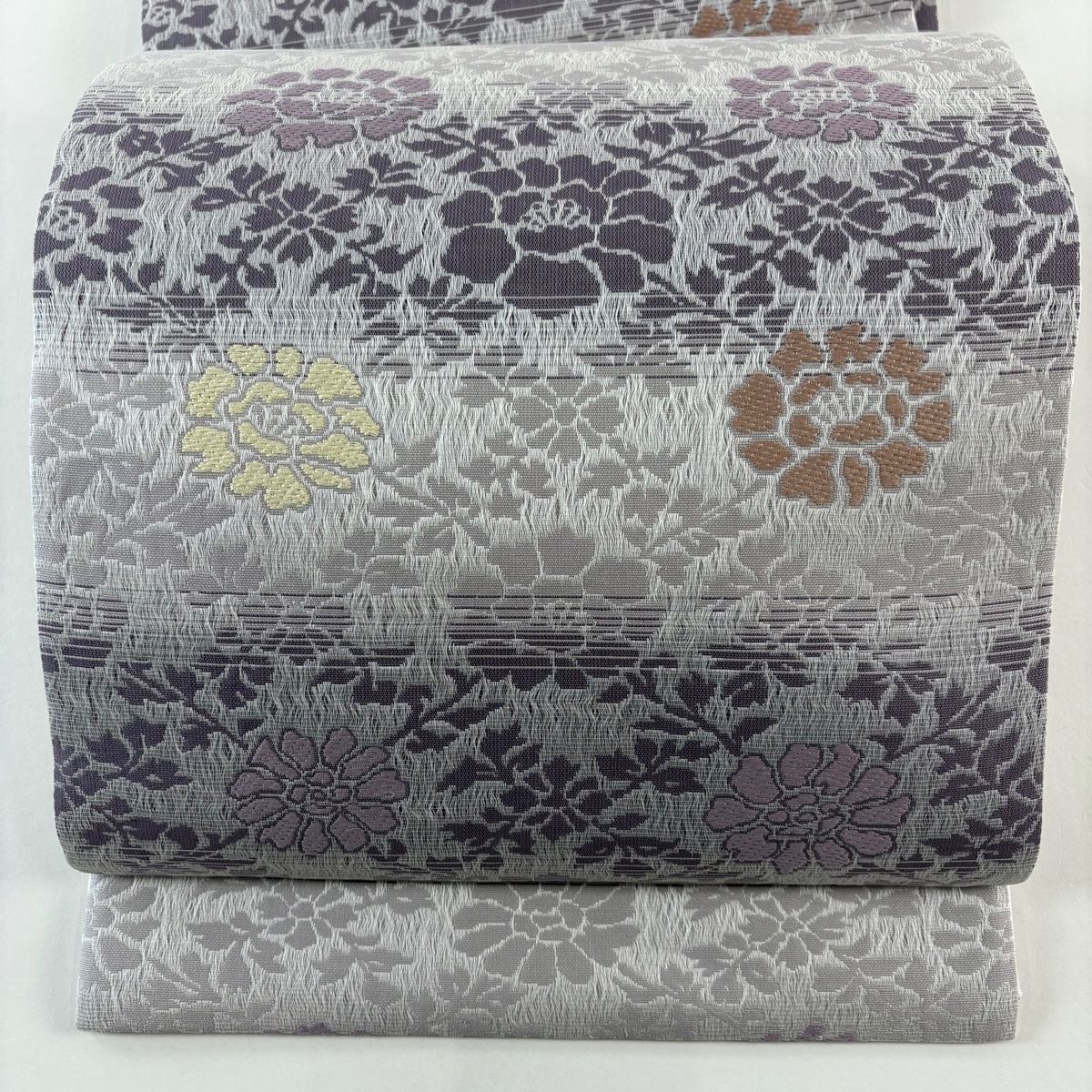 袋帯 草花 段縞模様 刺繍 灰紫 全通 正絹