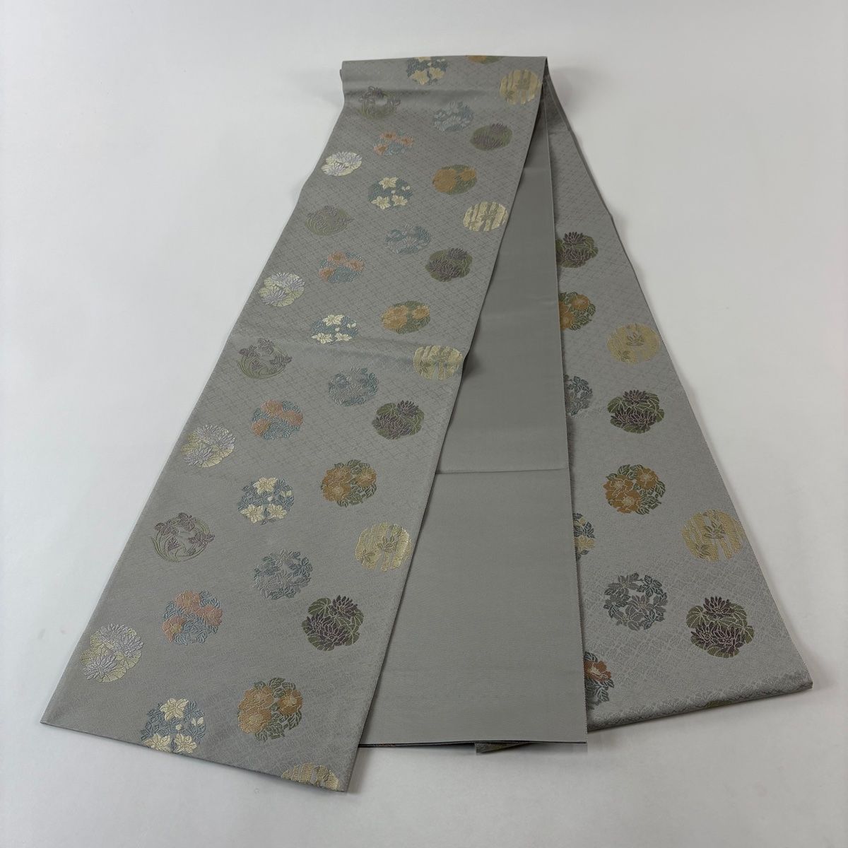 美品】 袋帯 名品 箔屋清兵衛 落款 花丸文 樹木 箔 草木染 青灰色 六通