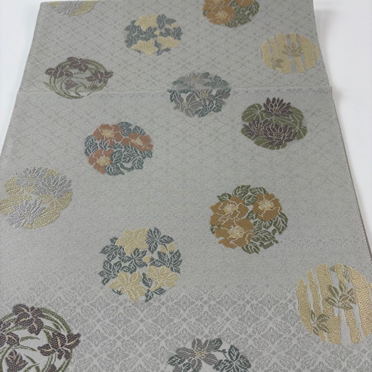 美品】 袋帯 名品 箔屋清兵衛 落款 花丸文 樹木 箔 草木染 青灰色 六通