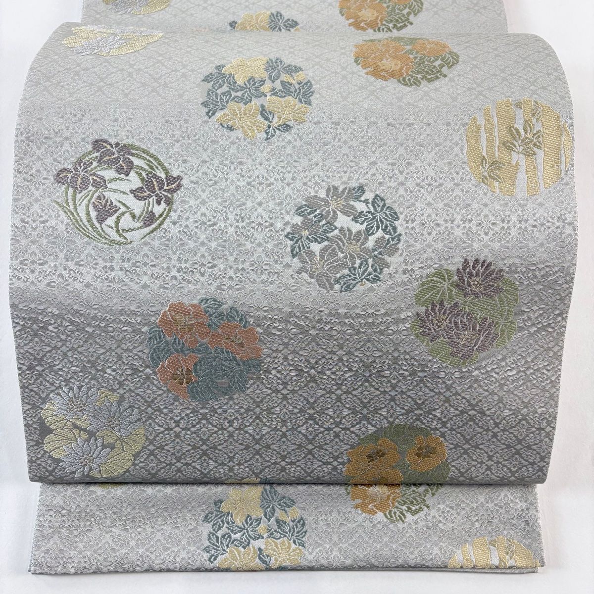 箔屋清兵衛　六通　袋帯　花丸文　灰色　源氏鼠　草木染　美品 美品】 袋帯 名品 箔屋清兵衛 落款 花丸文 樹木 箔 草木染 青灰色 六通