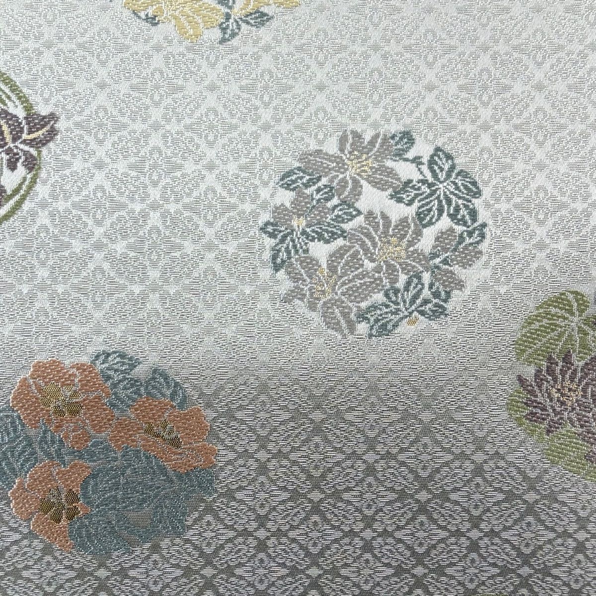 美品】 袋帯 名品 箔屋清兵衛 落款 花丸文 樹木 箔 草木染 青灰色 六通