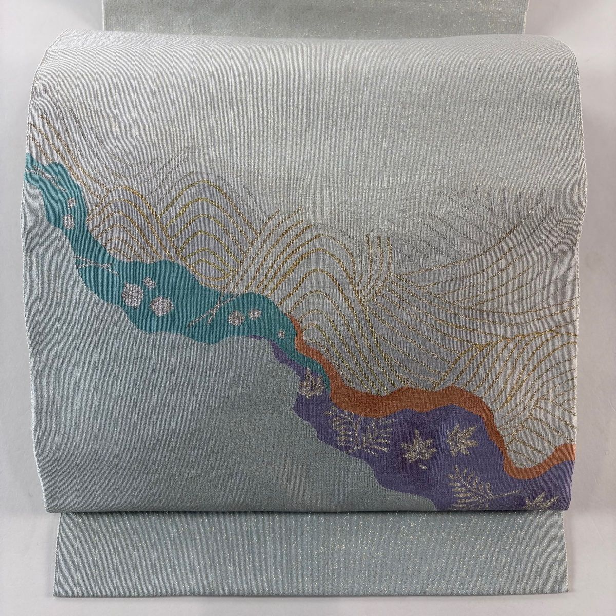 名古屋帯 証紙 道長取 波 金銀糸 綴れ 水色 正絹