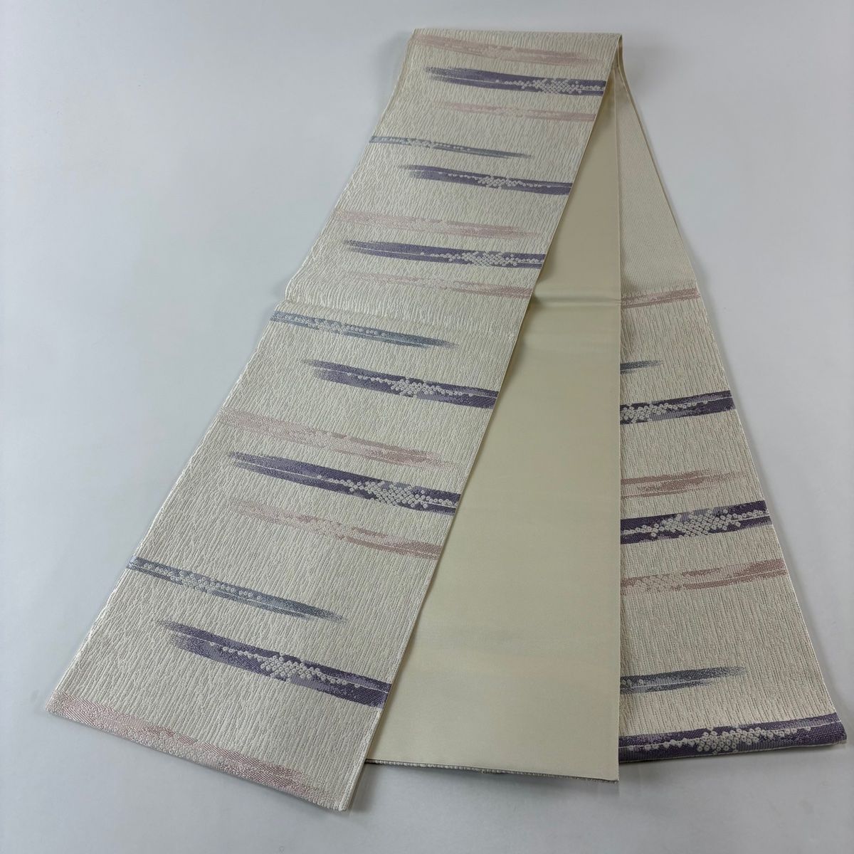  袋帯 霞 鹿の子柄 銀糸 ラメ糸 クリーム 六通 正絹 袋帯 帯