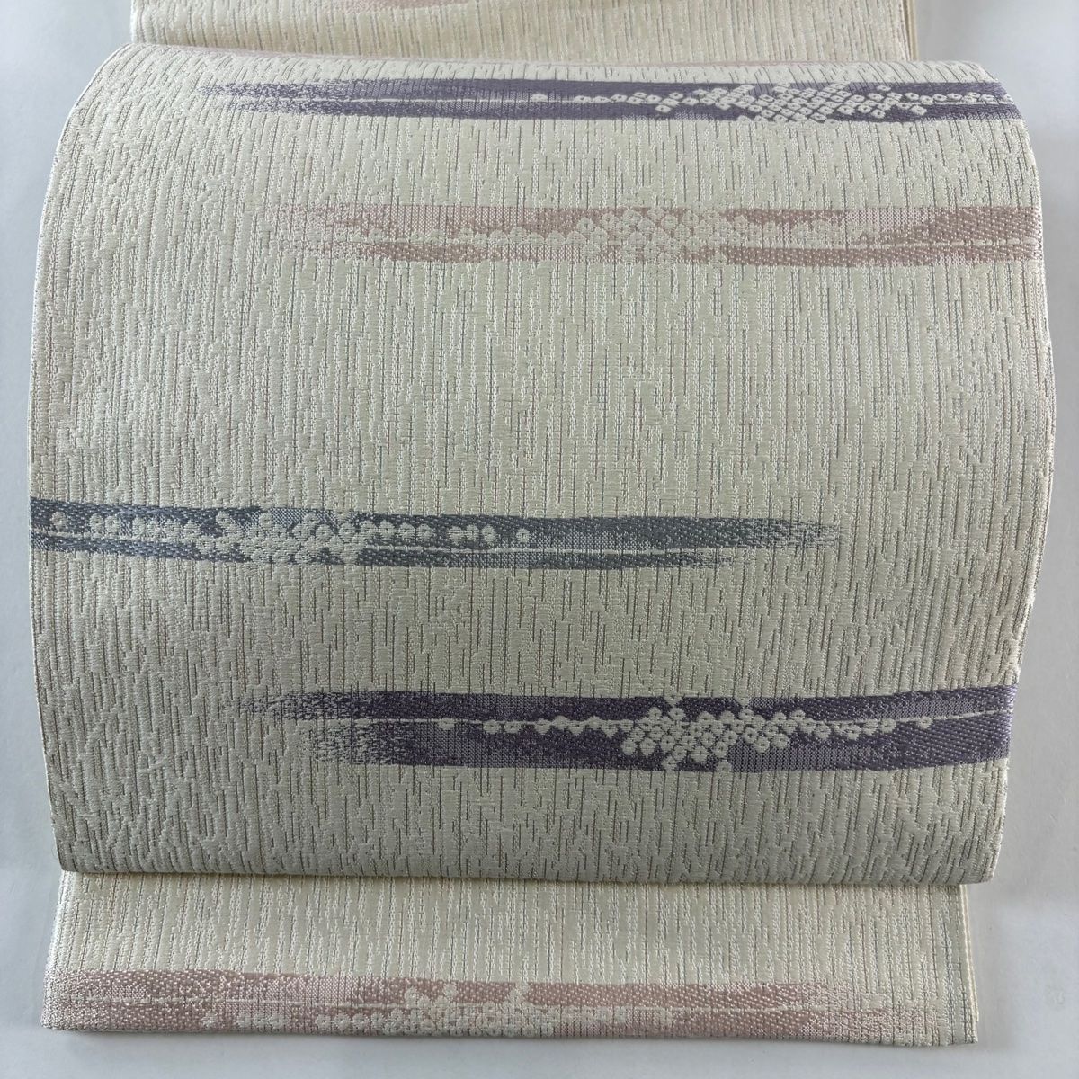 袋帯 霞 鹿の子柄 銀糸 ラメ糸 クリーム 六通 正絹