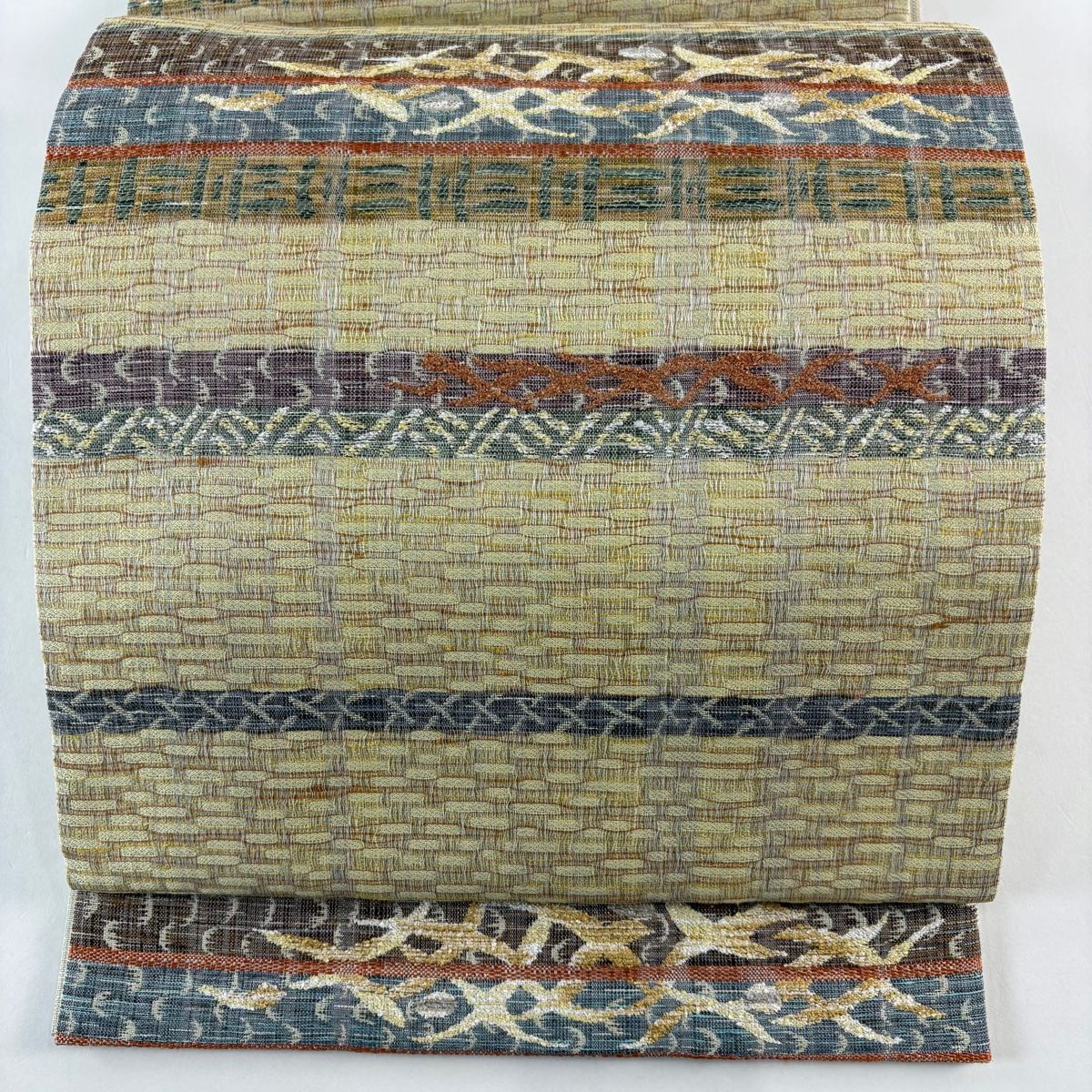 袋帯 鳥 段縞模様 金糸 ラメ糸 薄黄 六通 正絹