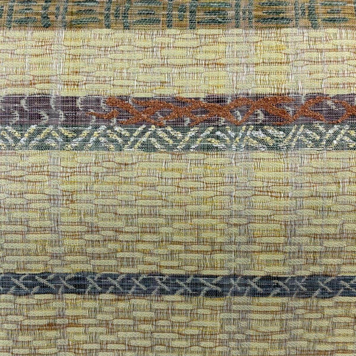 袋帯 鳥 段縞模様 金糸 ラメ糸 薄黄 六通 正絹