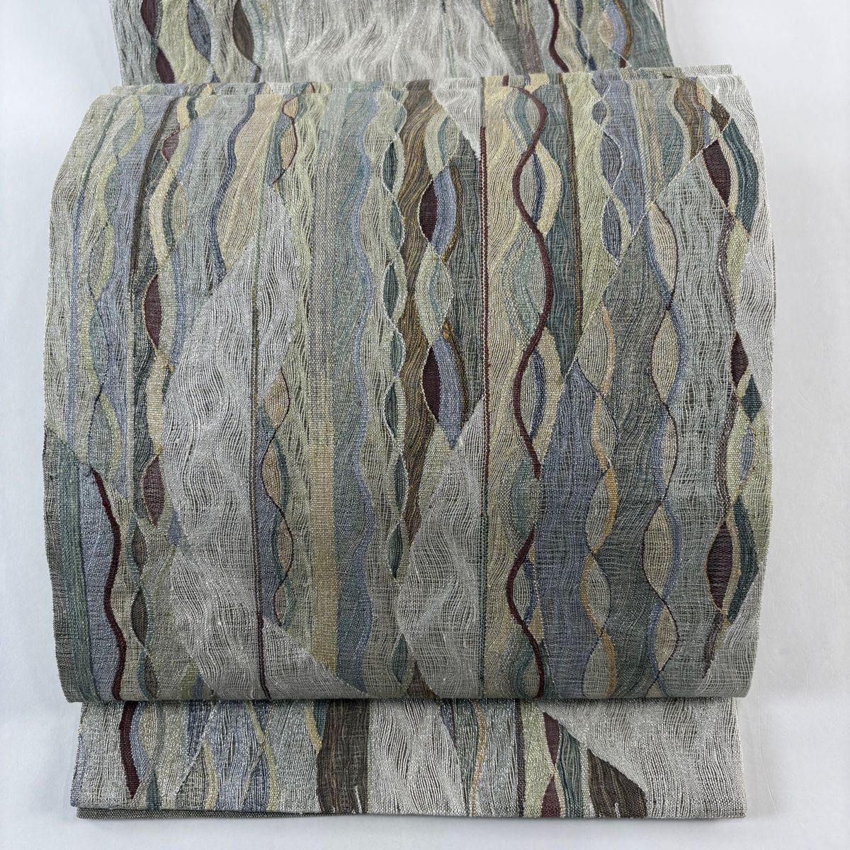 袋帯 幾何学模様 銀糸 箔 灰白 全通 正絹