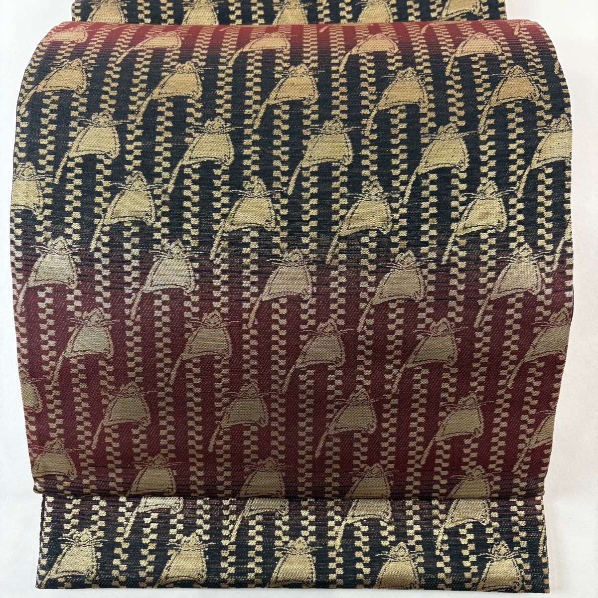 袋帯 猫 縞模様 箔 えんじ色 全通 正絹