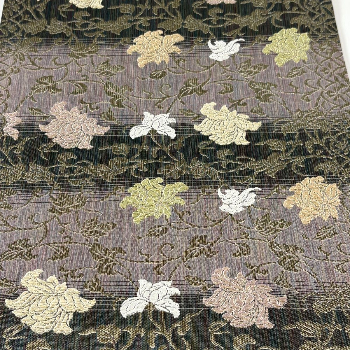  袋帯 花唐草 段縞模様 金糸 ラメ糸 灰紫 六通 正絹 袋帯 帯