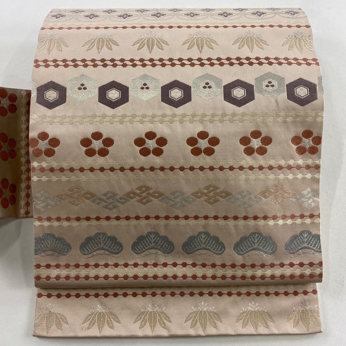 名古屋帯 川島織物 落款 松竹梅 七宝 箔 ピンクベージュ 正絹