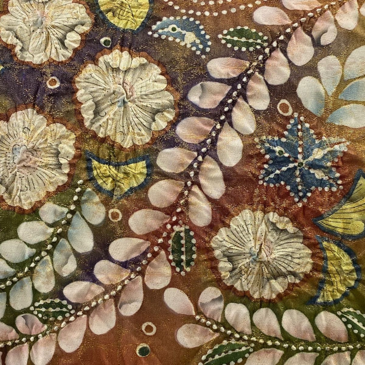 袋帯 落款 証紙 辻が花 金糸 箔 山吹茶色 お太鼓柄 正絹