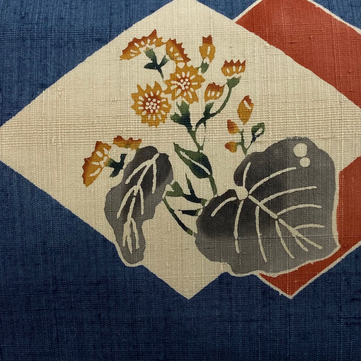 名古屋帯 落款 紬地 草花 菱 藍色 正絹