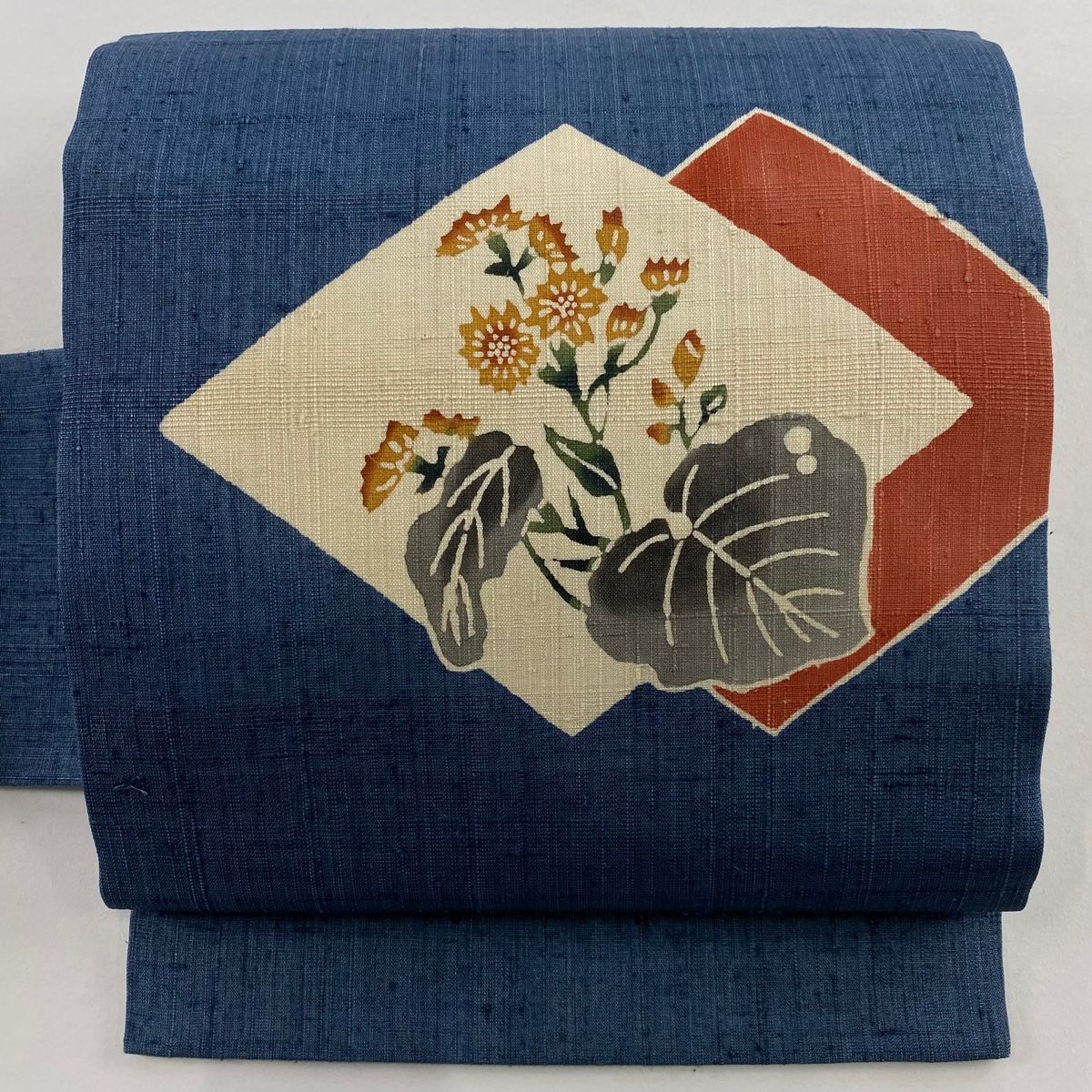 名古屋帯 落款 紬地 草花 菱 藍色 正絹