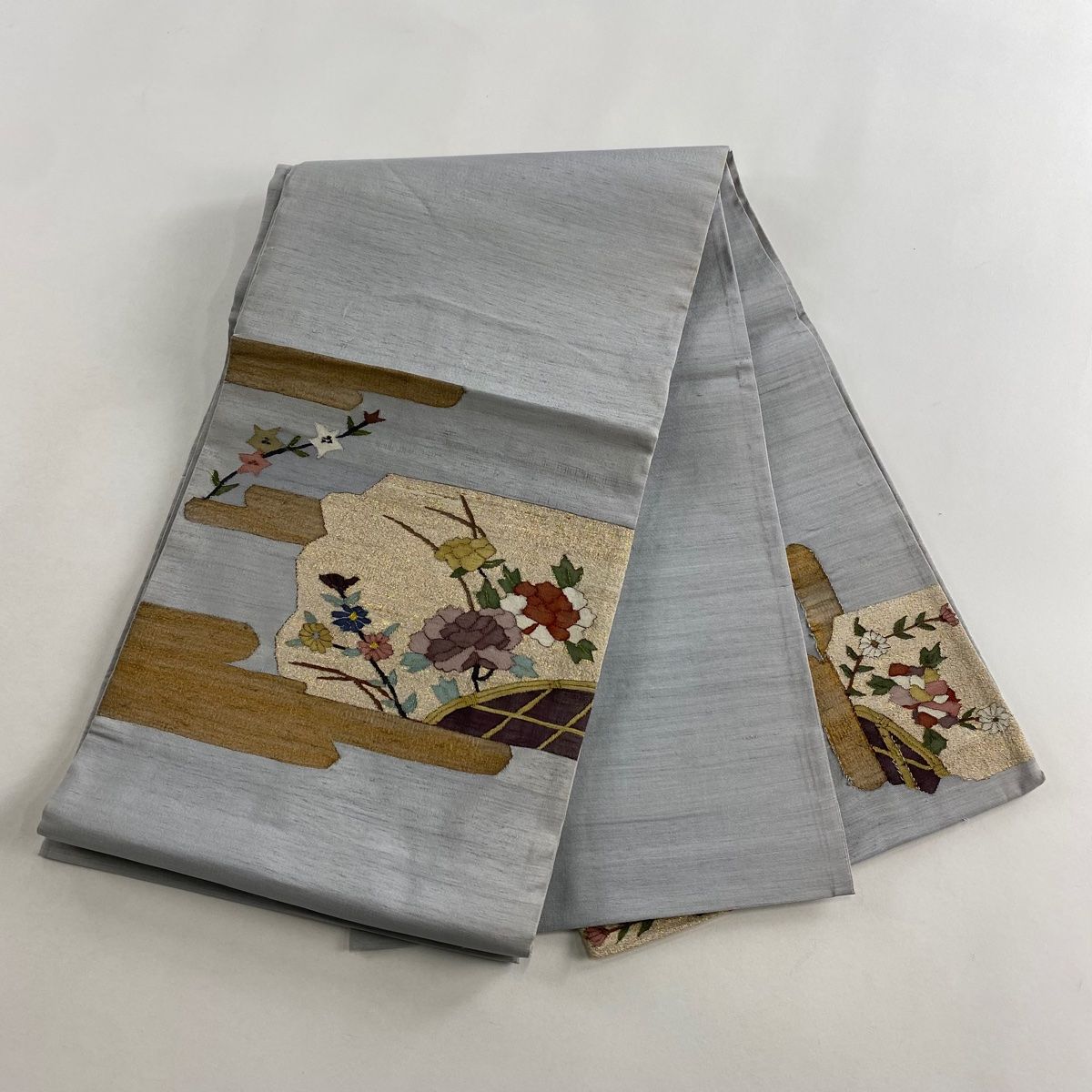  袋帯 枝花 霞 金糸 箔 灰色 お太鼓柄 正絹 袋帯 帯