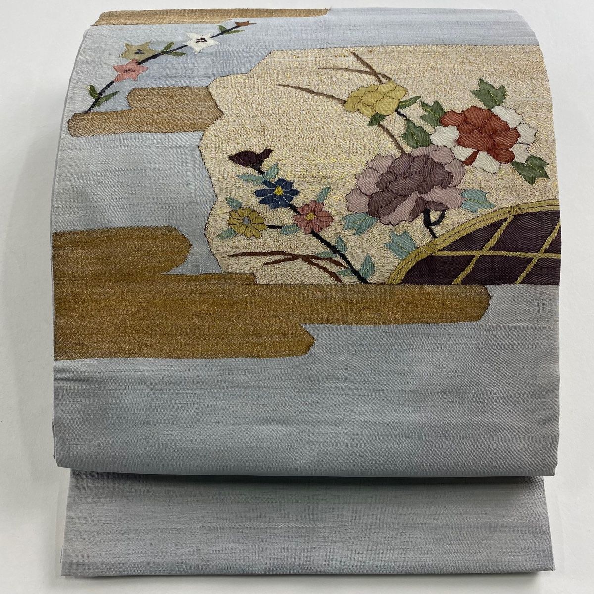 袋帯 枝花 霞 金糸 箔 灰色 お太鼓柄 正絹