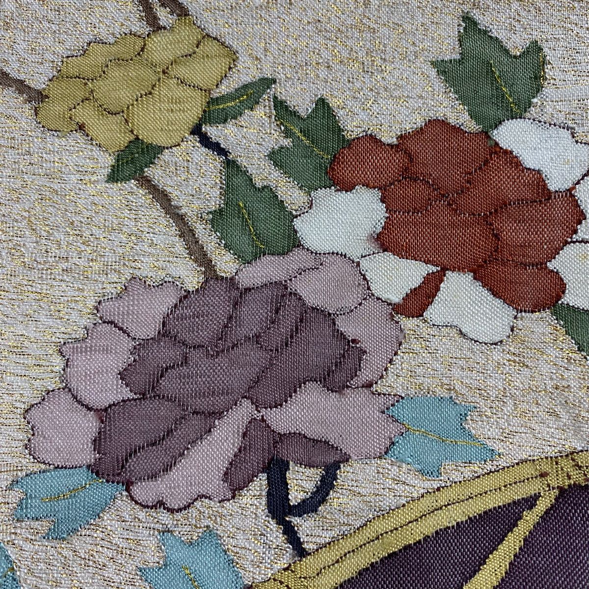 袋帯 枝花 霞 金糸 箔 灰色 お太鼓柄 正絹