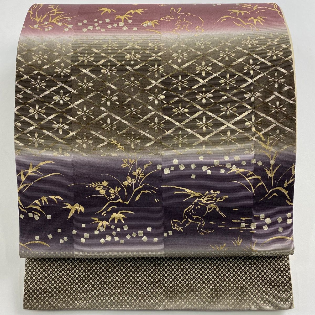 袋帯 落款 一期一会 鳥獣戯画 段縞 金銀彩 赤紫 六通 正絹