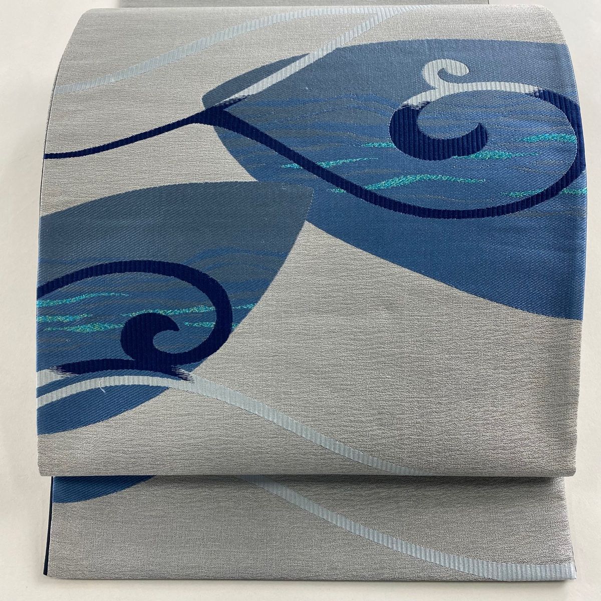 袋帯 藍染苑 本藍染糸織 波 幾何学模様 ラメ糸 青灰色 お太鼓柄 正絹