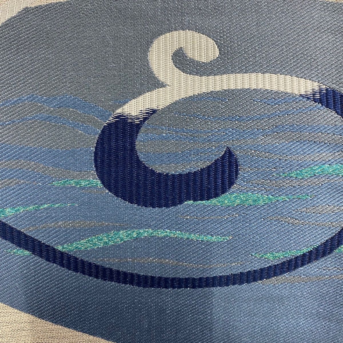 袋帯 藍染苑 本藍染糸織 波 幾何学模様 ラメ糸 青灰色 お太鼓柄 正絹