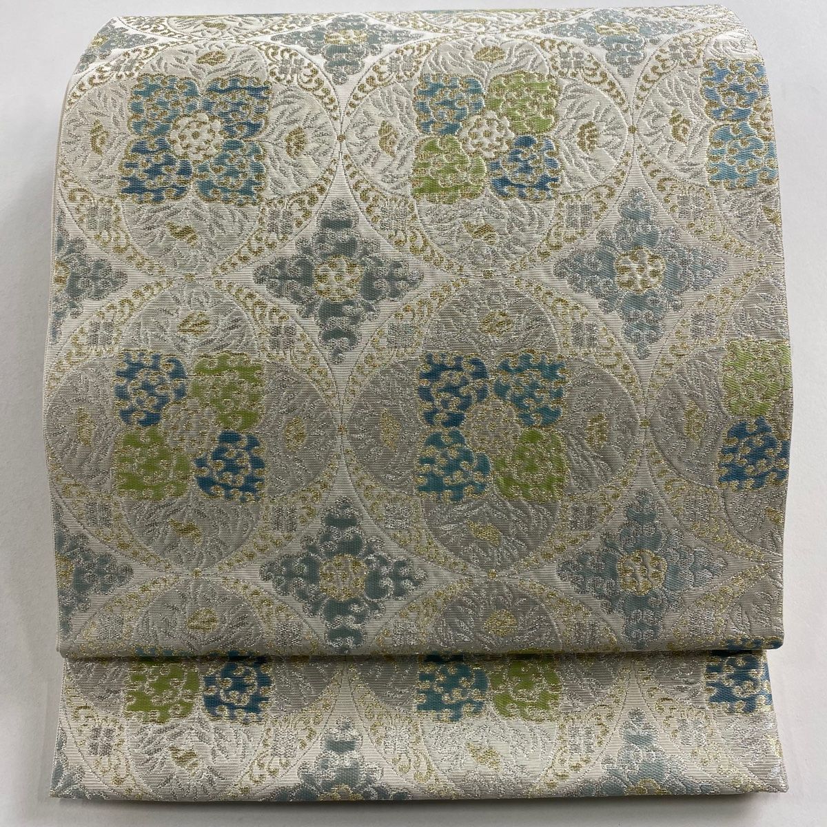 袋帯 川島織物 落款 華文 草花 金銀糸 箔 灰白 六通 正絹