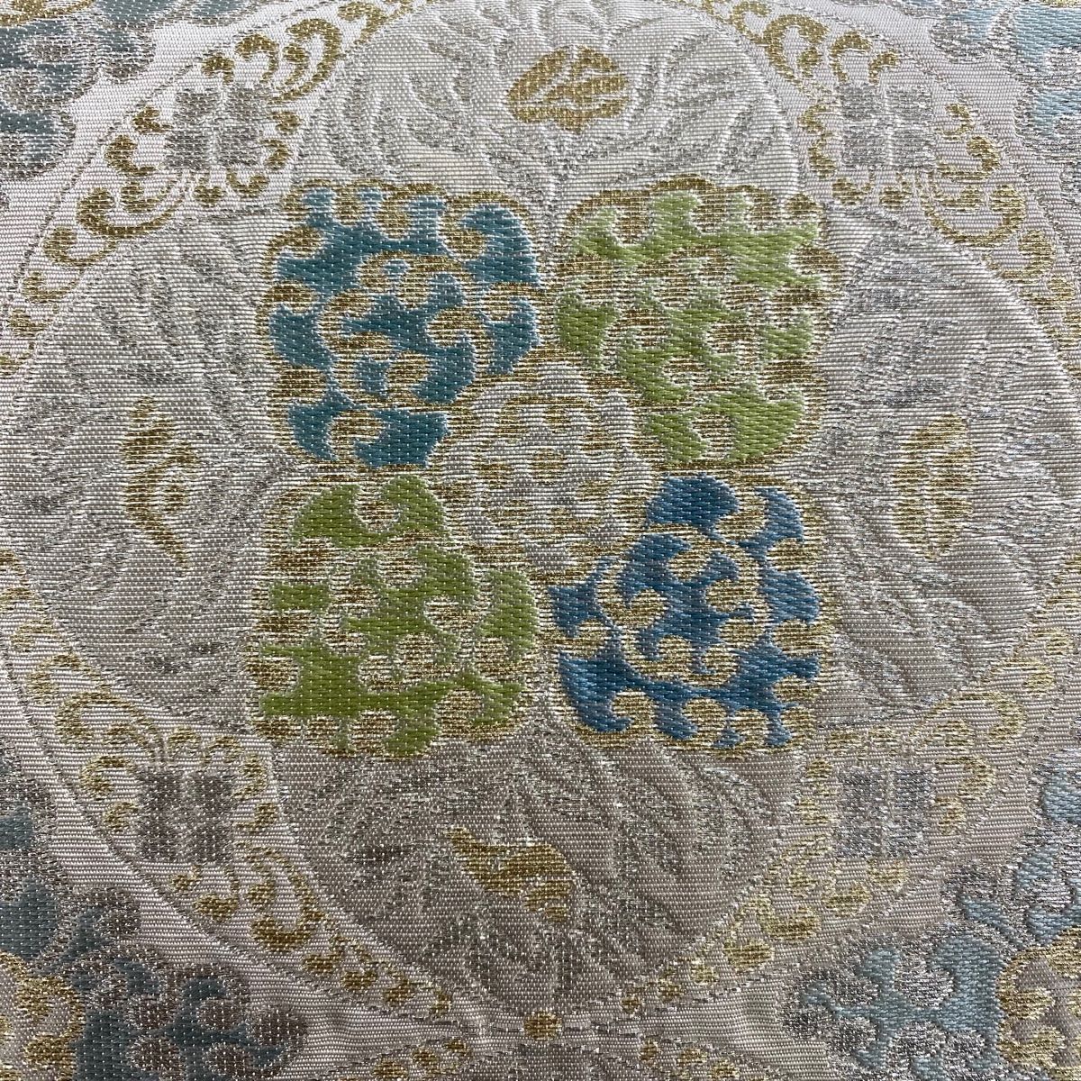 袋帯 川島織物 落款 華文 草花 金銀糸 箔 灰白 六通 正絹