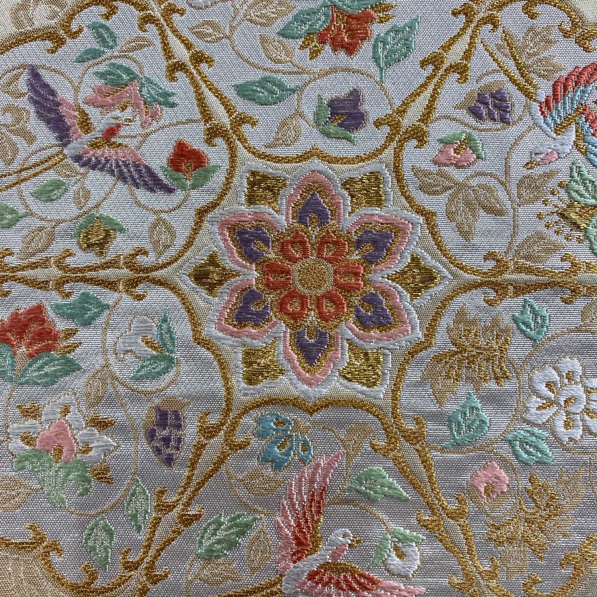 袋帯 落款 本家加納 華文 花唐草 金銀糸 箔 金色 六通 正絹