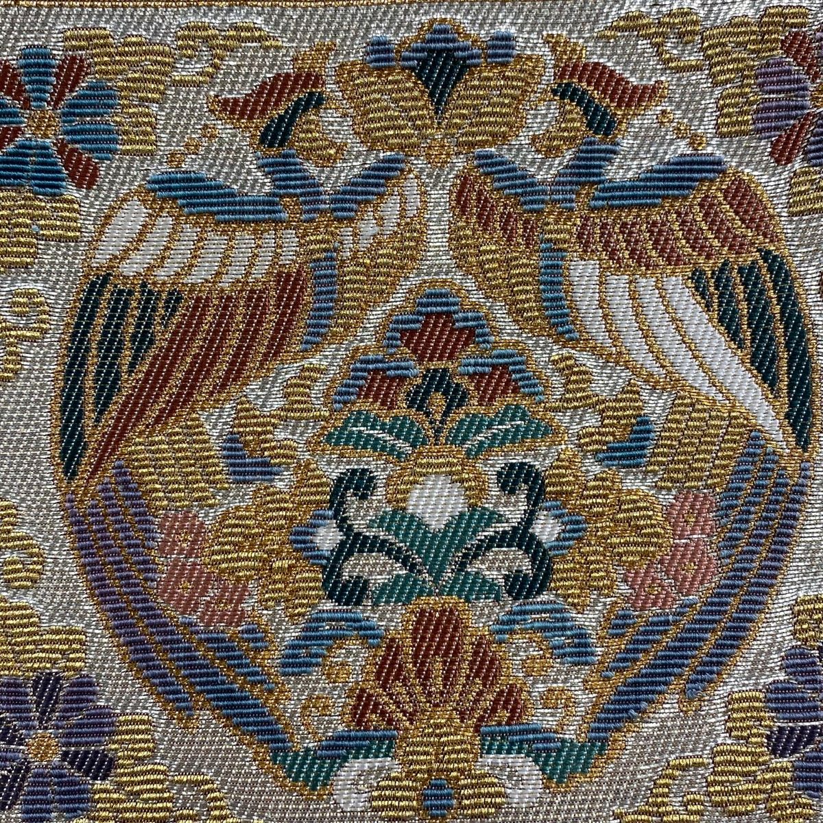 袋帯 華文 花鳥 金糸 箔 銀色 六通 正絹