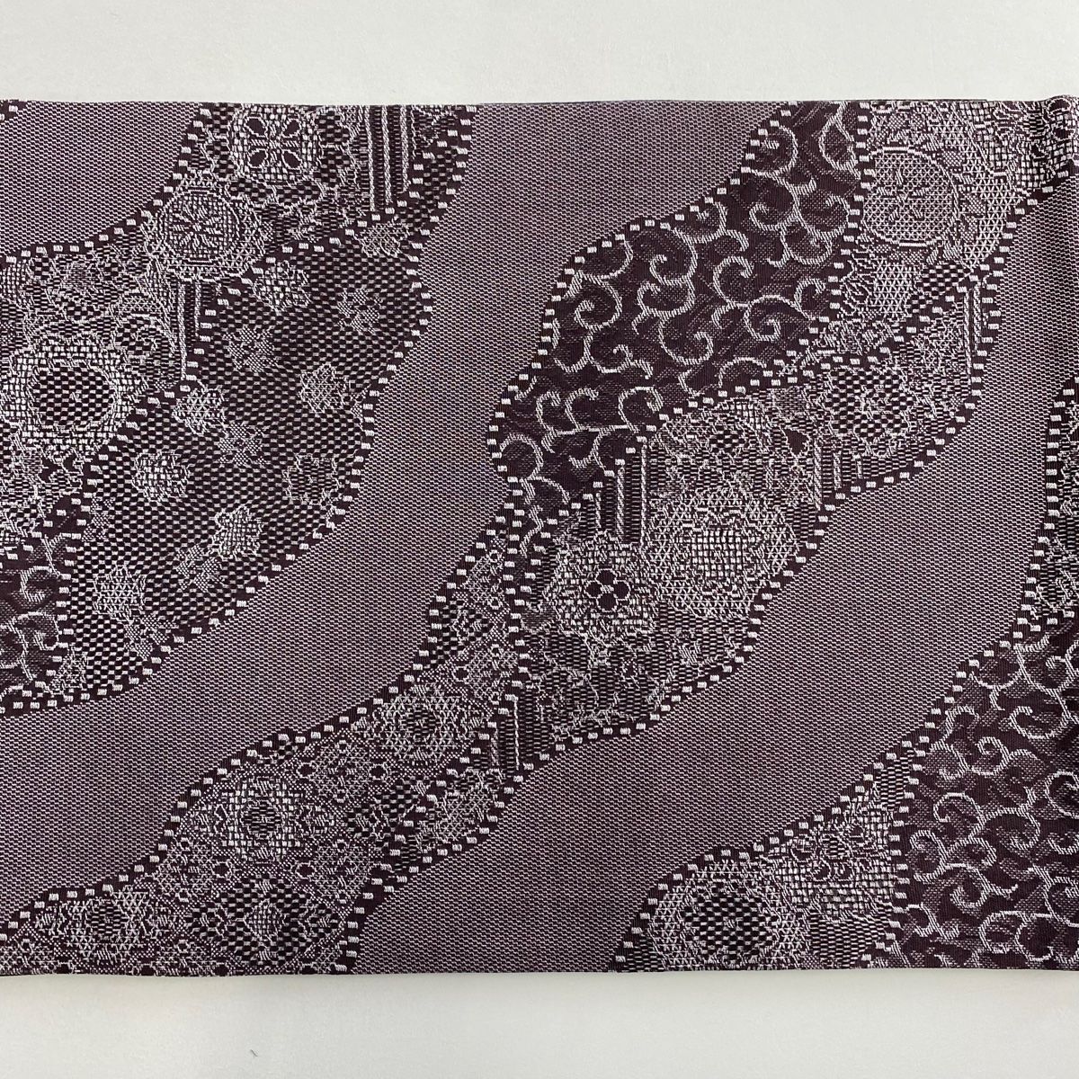  袋帯 横段 幾何学模様 焦茶色 全通 正絹 袋帯 帯