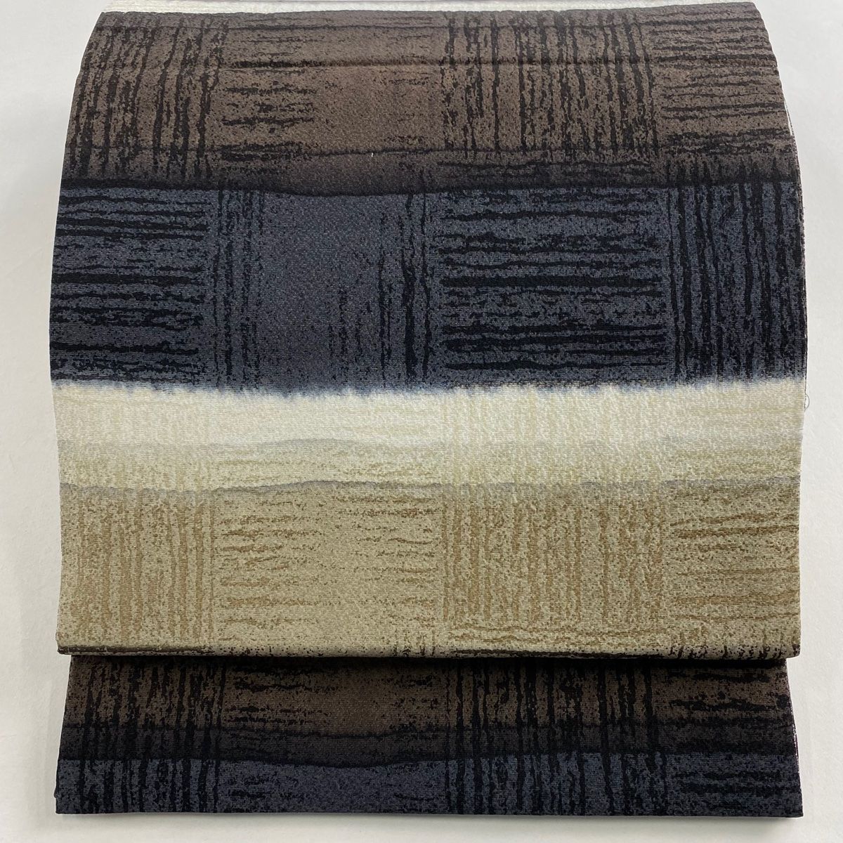 袋帯 横段 幾何学模様 焦茶色 全通 正絹