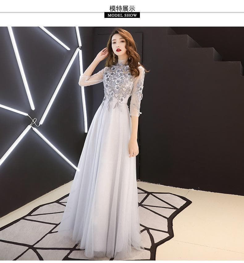 グレー Lサイズ マキシ丈 ロングドレス 花柄刺繍 Aライン 大きめ 体型カバー ゆったり