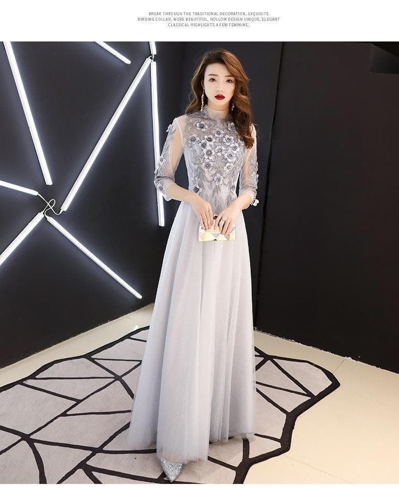 グレー Lサイズ マキシ丈 ロングドレス 花柄刺繍 Aライン 大きめ 体型カバー ゆったり