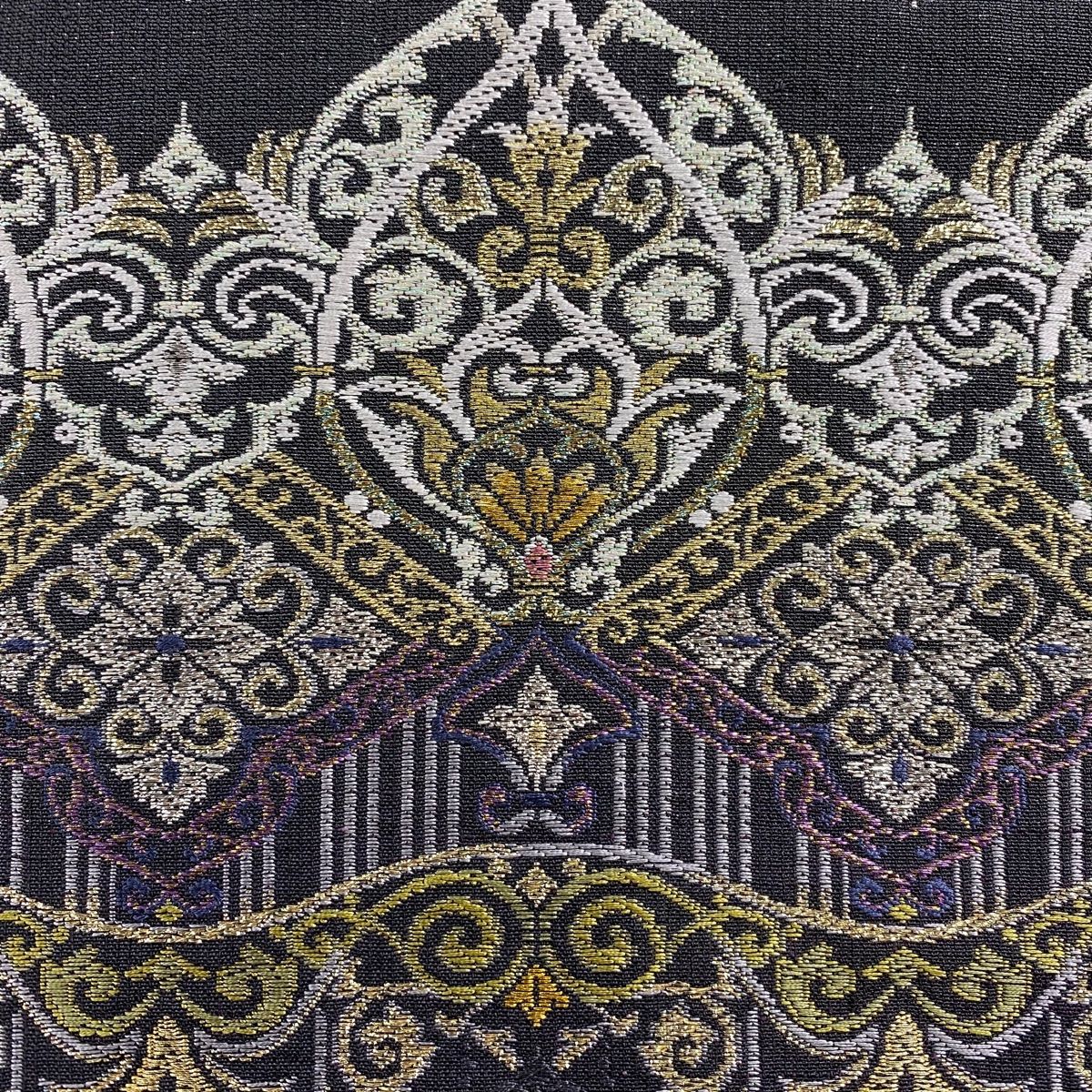 袋帯 やまと 幾何学模様 七宝 箔 銀通し 黒灰 お太鼓柄 正絹