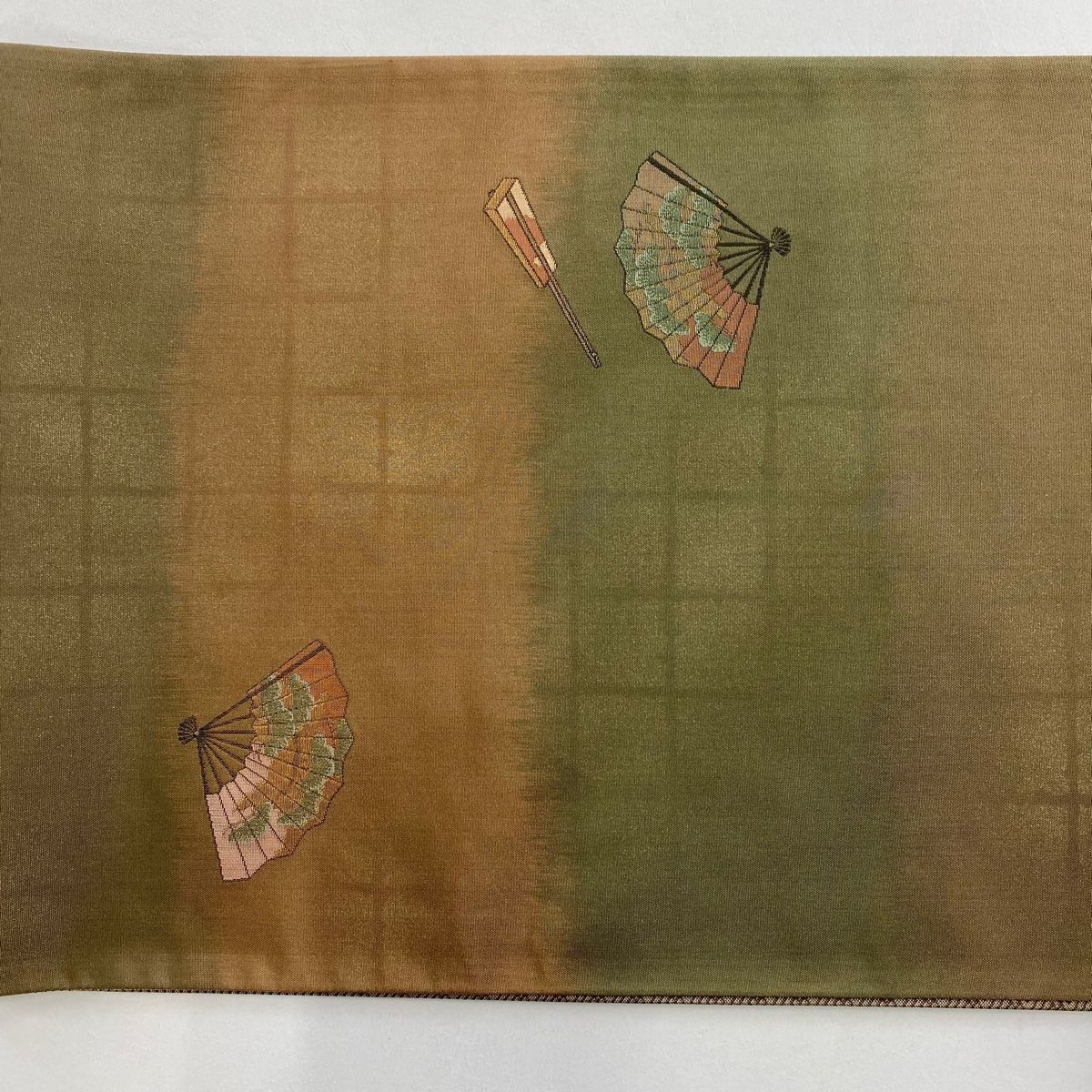  袋帯 落款 菱屋六右ヱ門 人物 横段 金糸 金彩 茶緑色 お太鼓柄 正絹 袋帯 帯