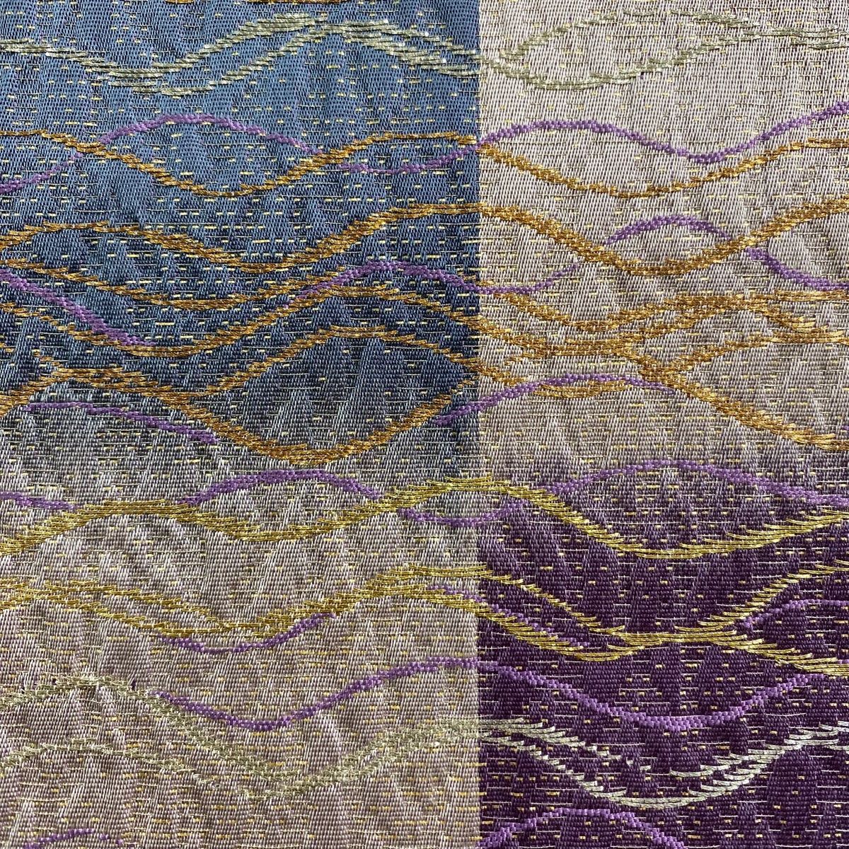 袋帯 証紙 変わり市松 波 金銀糸 箔 青灰色 全通 正絹