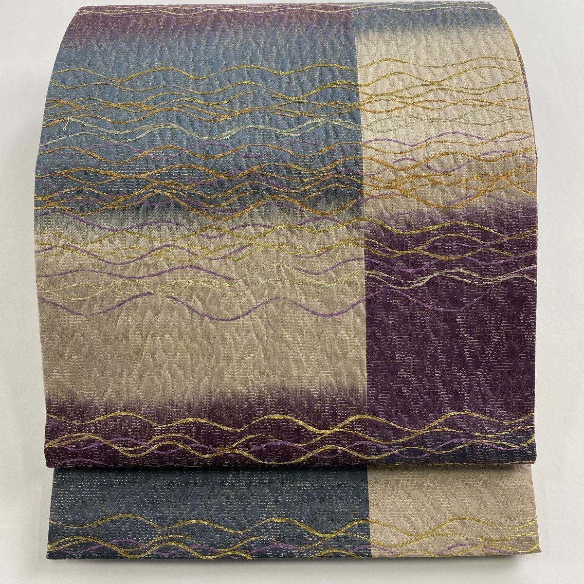 袋帯 証紙 変わり市松 波 金銀糸 箔 青灰色 全通 正絹