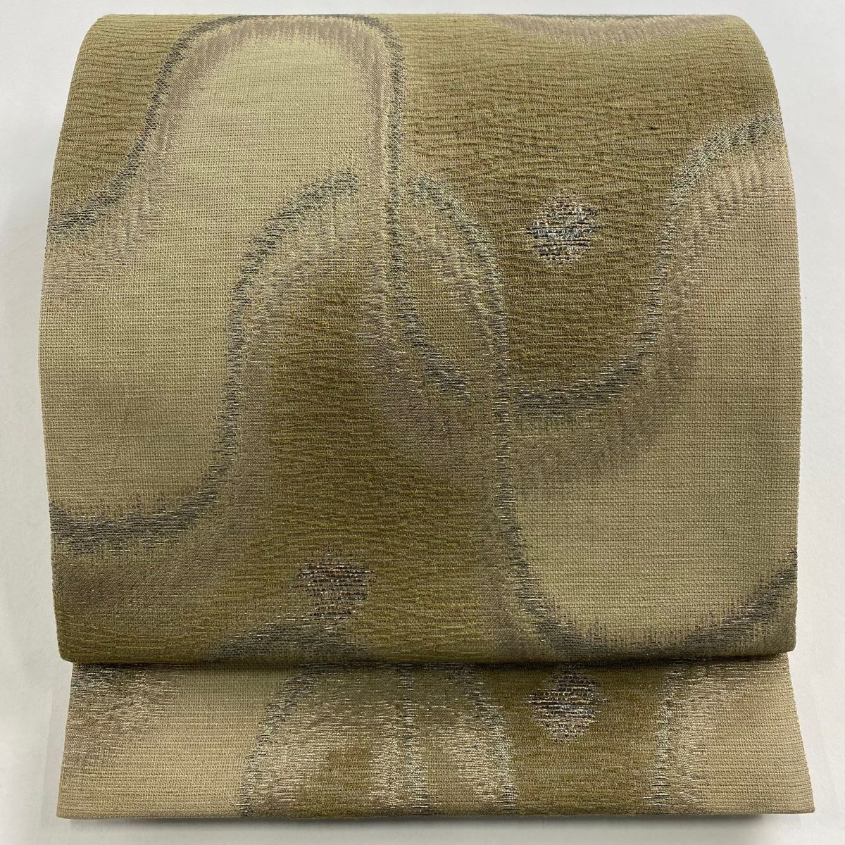 袋帯 幾何学模様 箔 鶯色 全通 正絹
