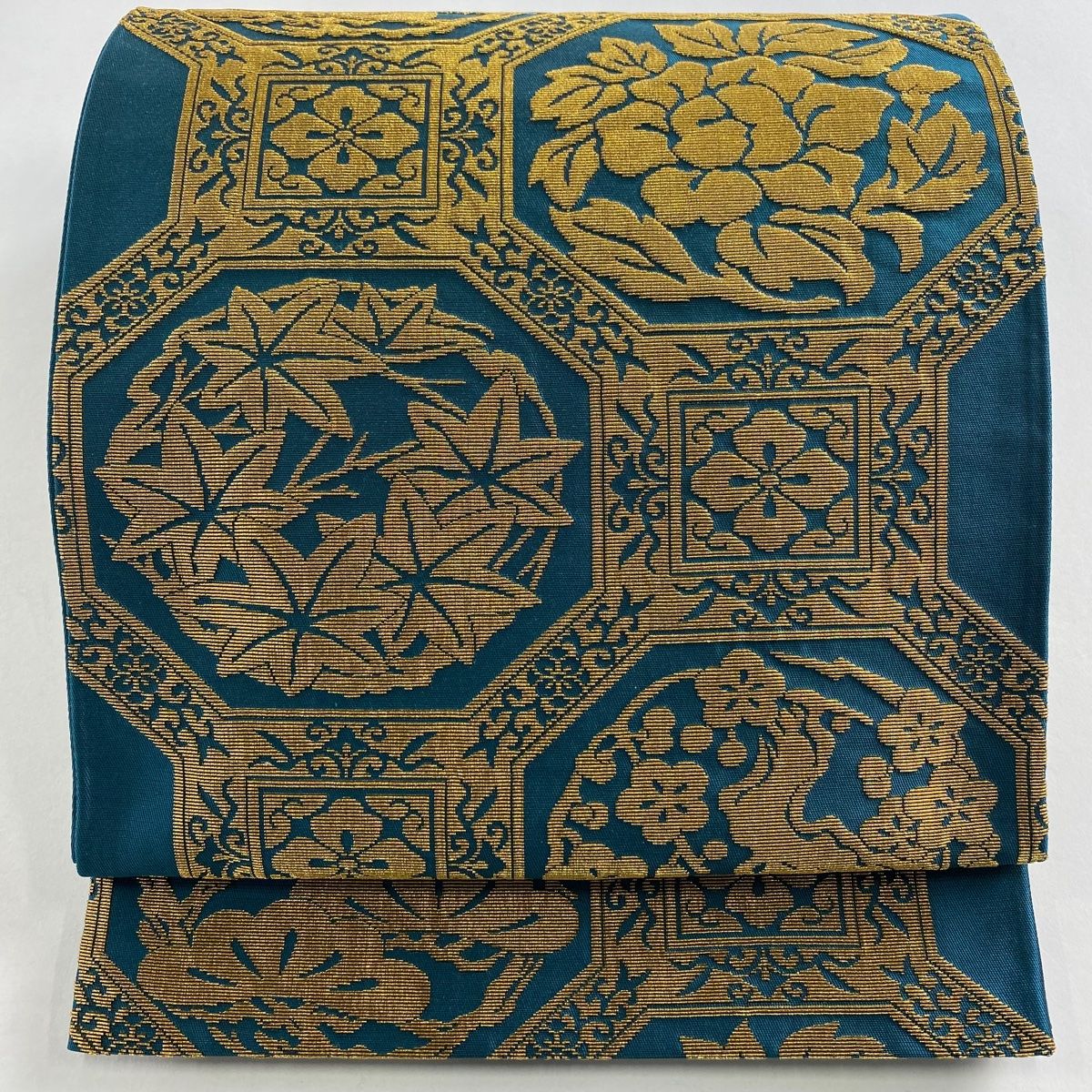 袋帯 綾錦箔天鵞絨 蜀江華文 箔 青緑 六通 正絹