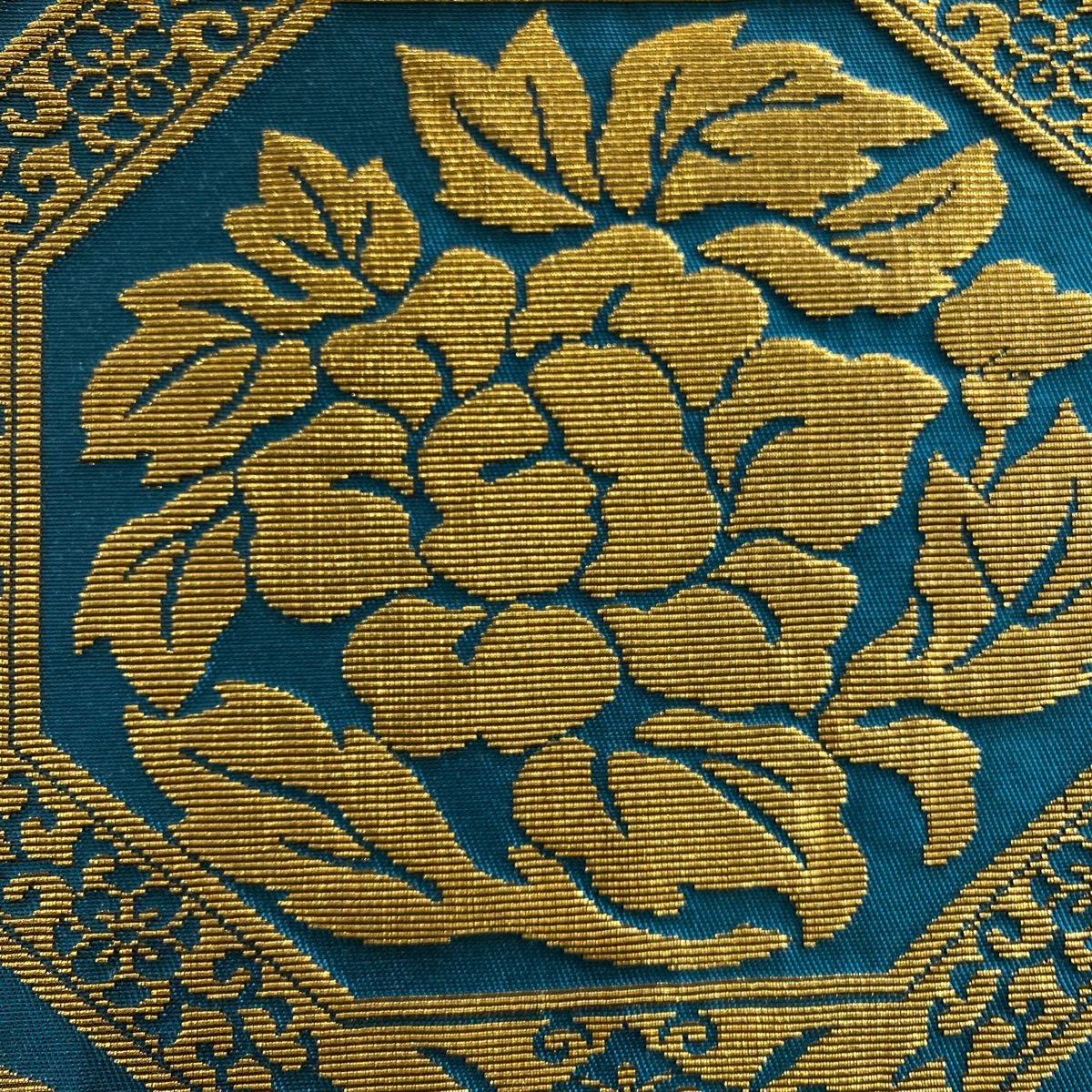 袋帯 綾錦箔天鵞絨 蜀江華文 箔 青緑 六通 正絹