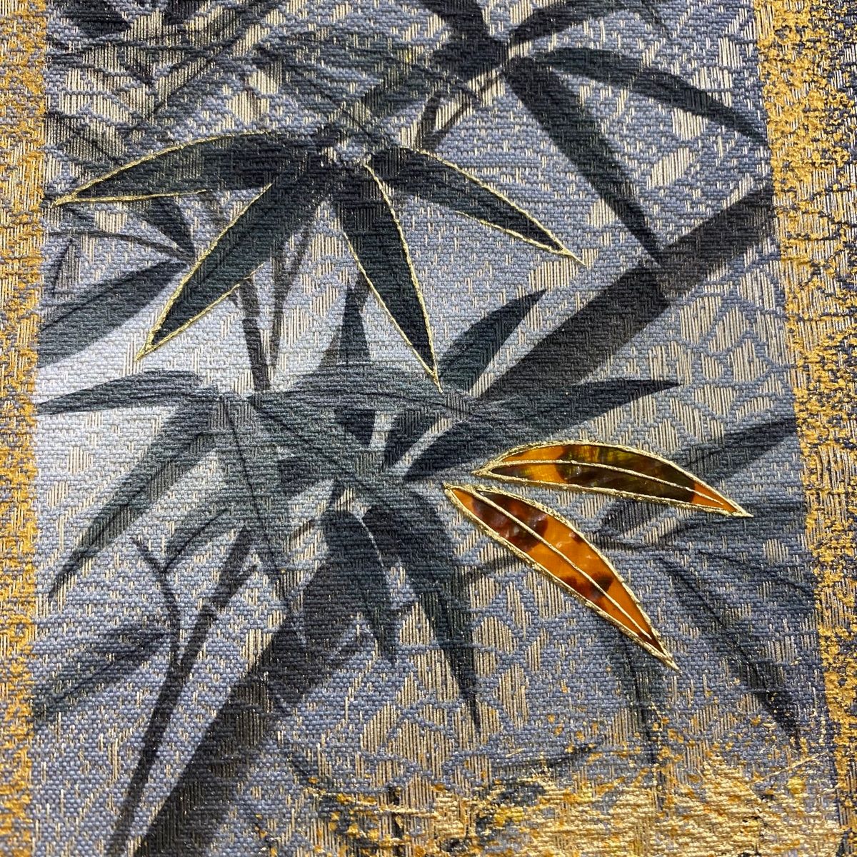 袋帯 落款 竹珠庵 竹 枝梅 金彩 銀通し 灰色 お太鼓柄 正絹