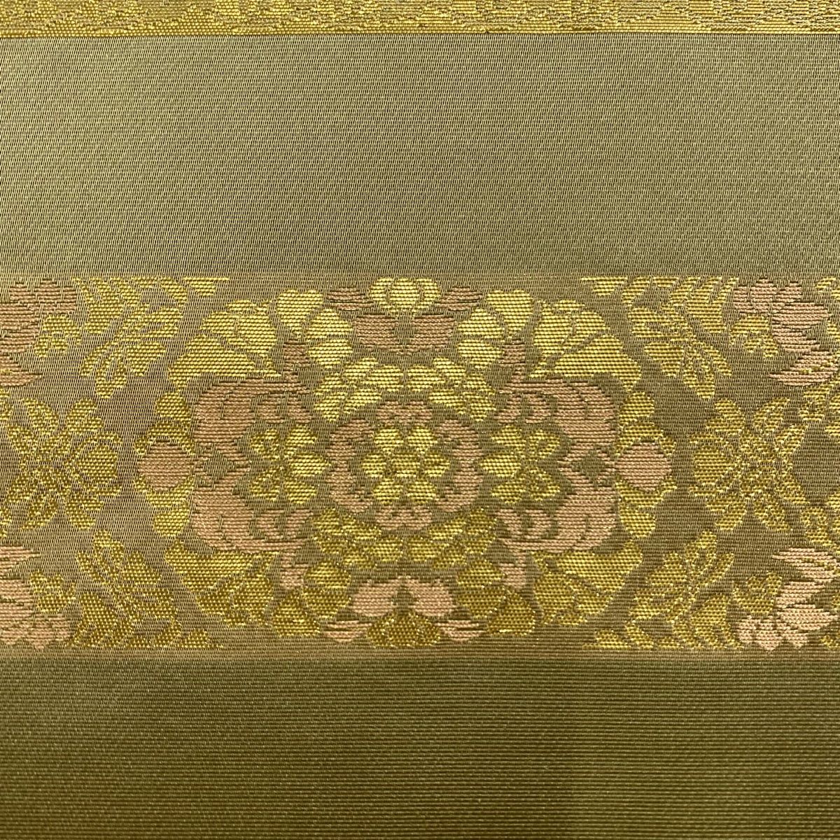 袋帯 箔屋清兵衛 落款 草木染本金箔 段縞 華文 箔 灰緑 お太鼓柄 正絹